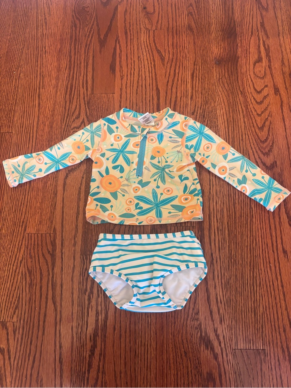 Ruffle Butts Peach & Teal Floral Long-Sleeve Rashguard Set